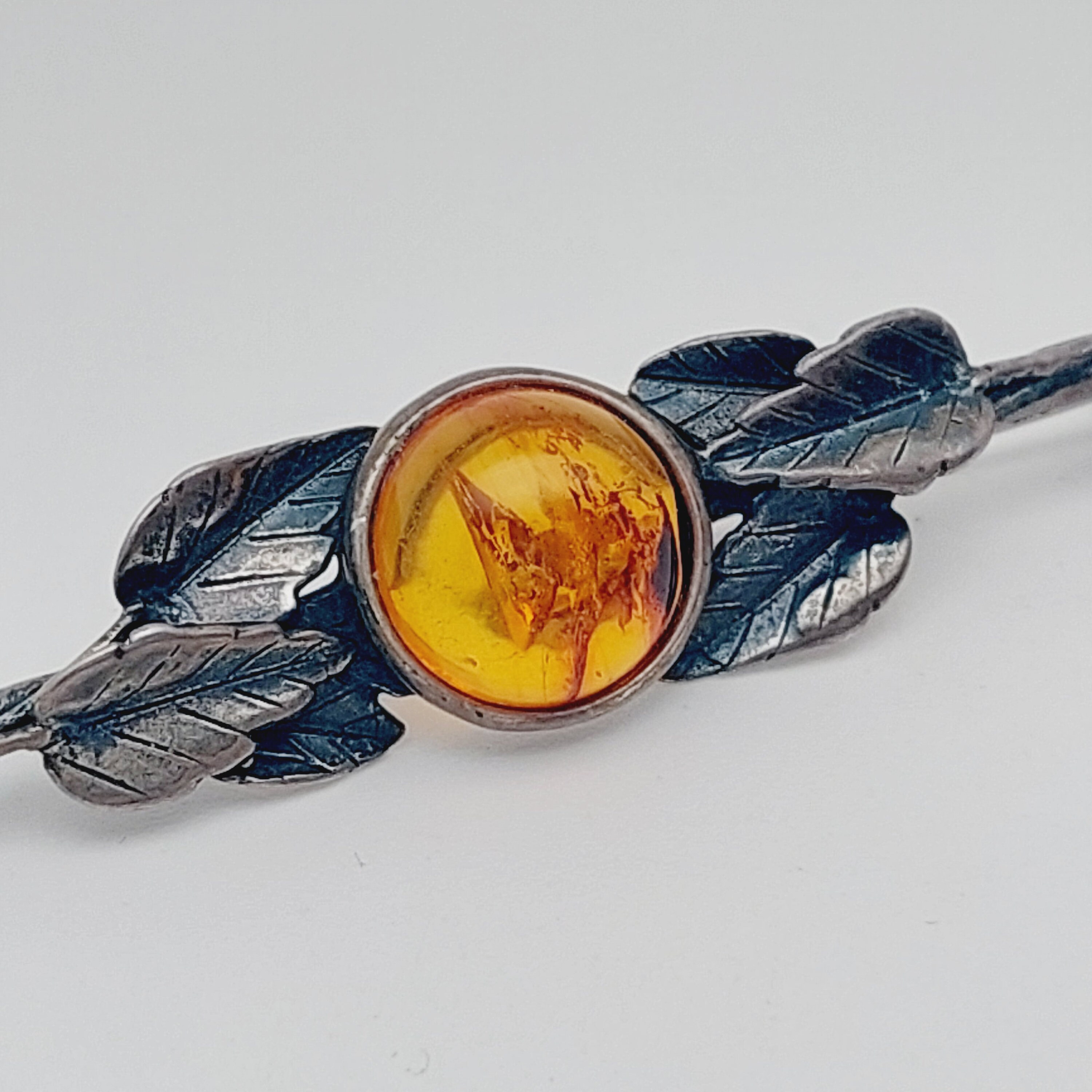 Broche Ancienne En Argent Massif Et Ambre - Bijou Vintage - Occasion (état à Vérifier)