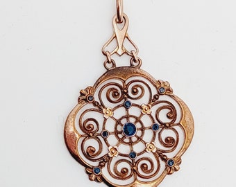 Antique Victorian gold plated double pendant cut blue stone Art Nouveau jewelry