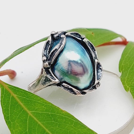 Vintage Ring 925 Silver Mother of Pearl Silver Ring Size 14 