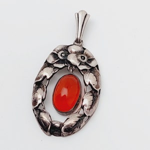 Antique Art Nouveau pendant 800 silver red stone flowers