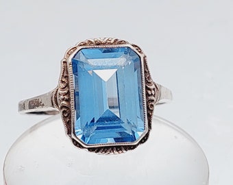Antique 935 silver Art Nouveau ring with blue stone aquamarine colored size 25