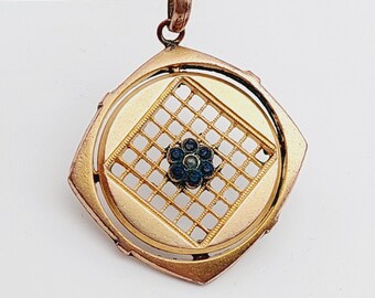 Antique gold plated double pendant flower blue stones Art Nouveau jewelry