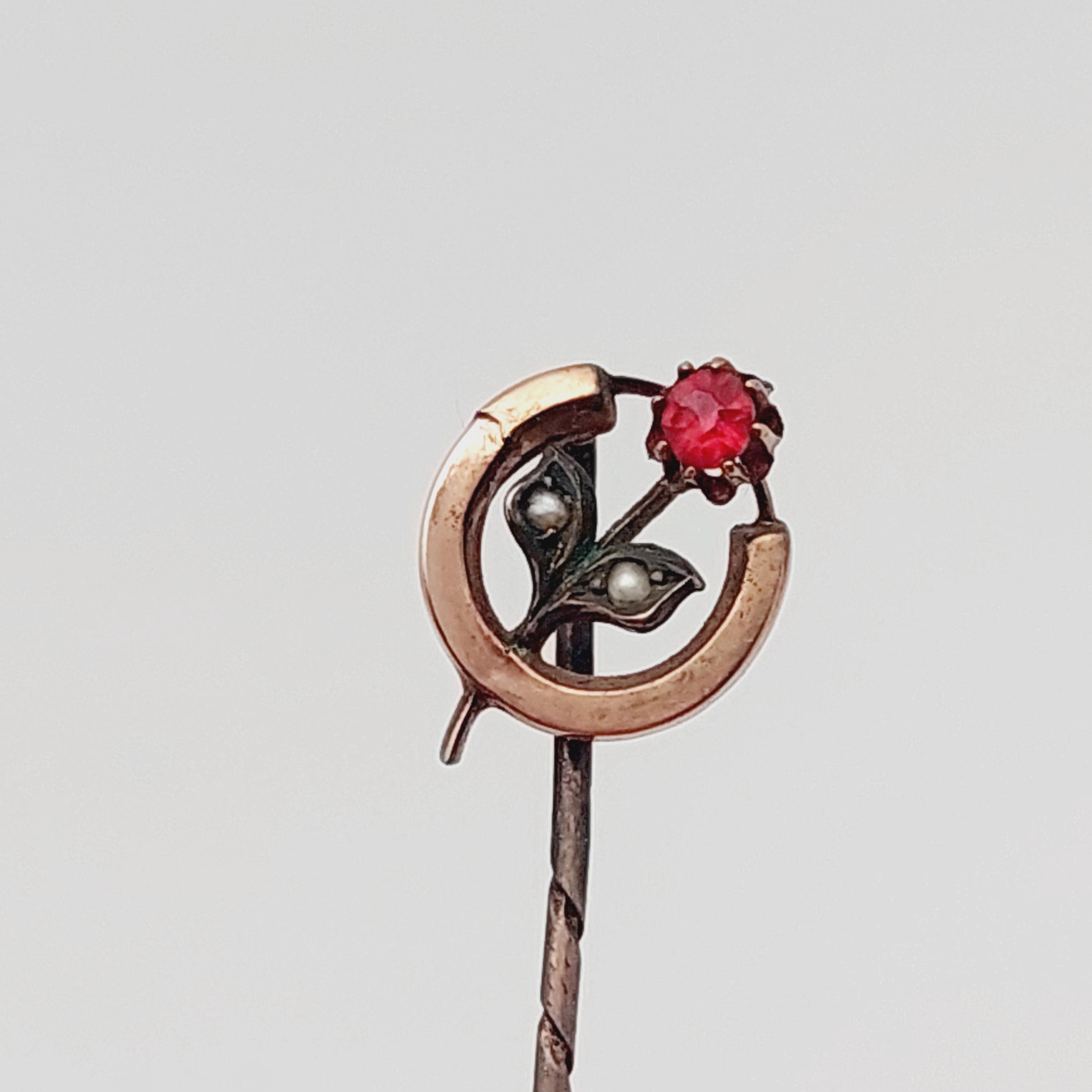 Biedermeier tie pin gold colour tombac pin lapel pin pin with garnet antique seed pearls
