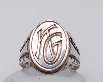 Antique Art Nouveau silver ring, engraved ring, personalized ring, antique monogram ring, letter ring, gift for him, men's ring size 18