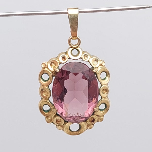 Antique gold-plated double pendant cut pink glass stone Art Deco jewelry Kortes and Lichtenfels K&L