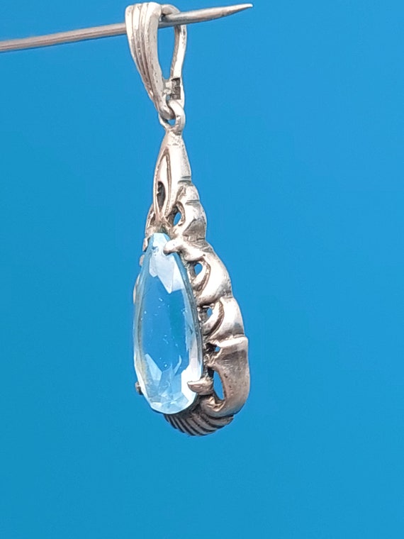 Antique silver pendant art deco light blue polish… - image 2