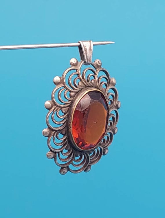 Grand Pendentif Art Nouveau Jugenstil En Argent 835 Et Ambre - Bijou Vintage Et Ancien Occasion