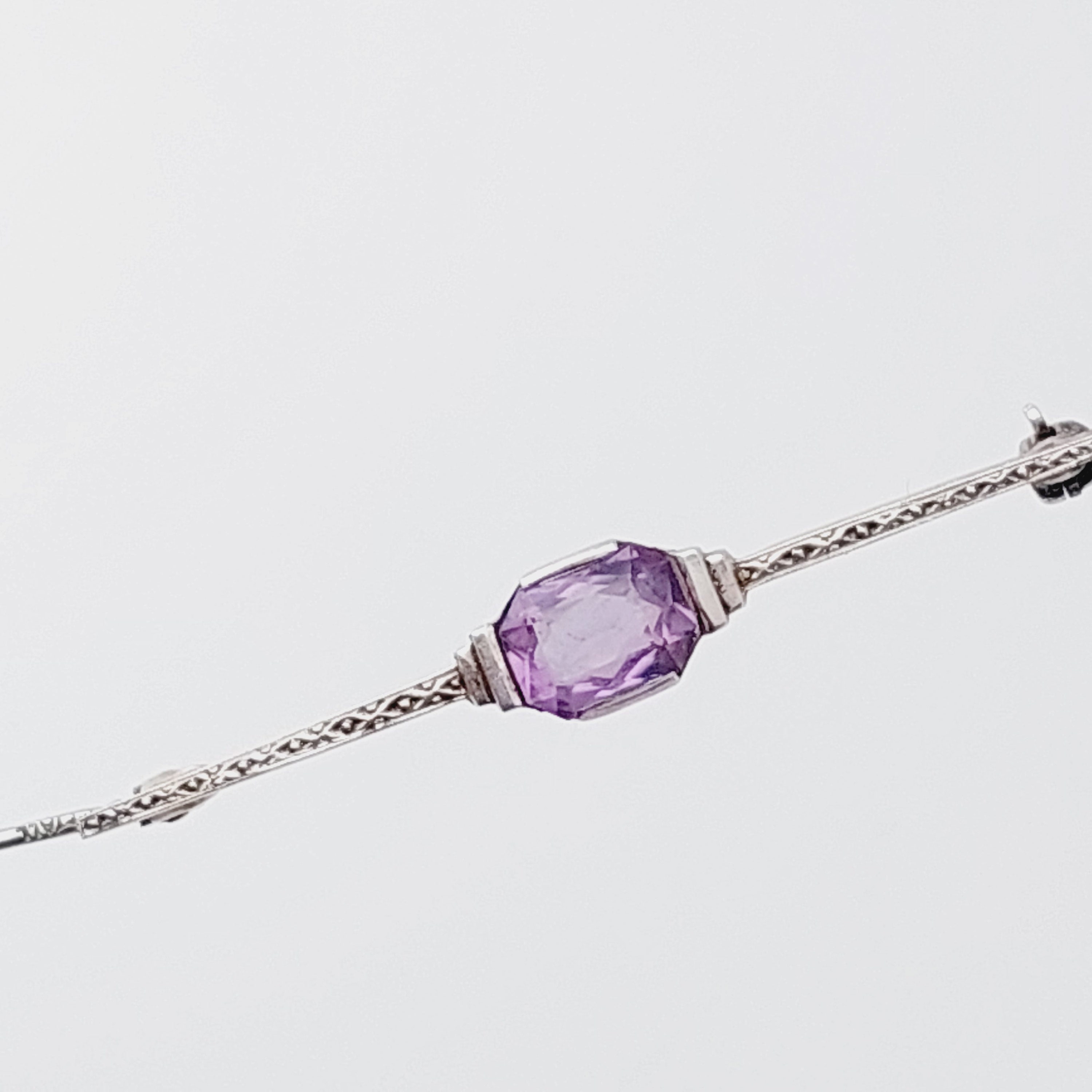 Broche Barrette En Argent Massif Et Pierre Mauve - Bijou Vintage - Occasion