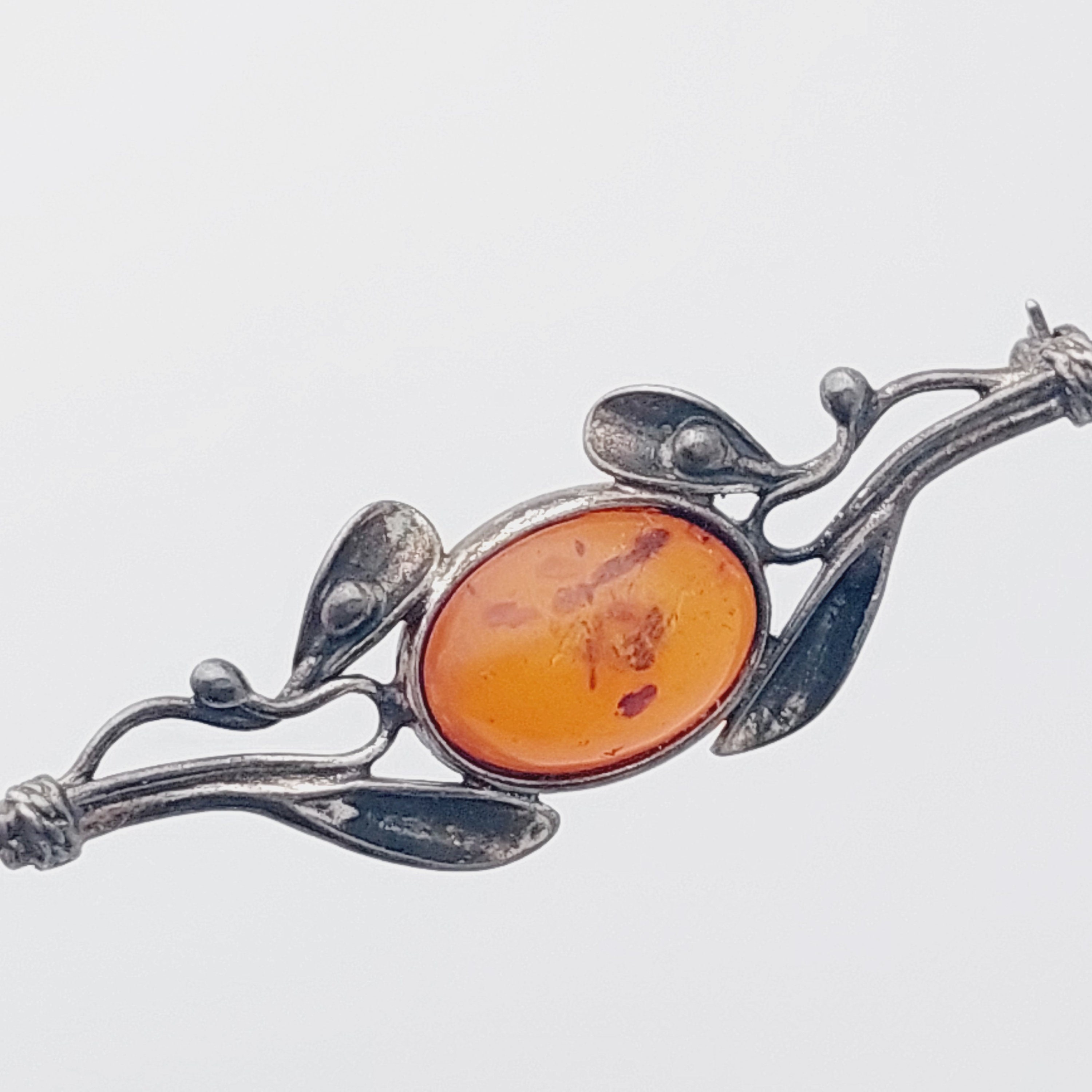 Broche Ancienne En Argent Massif Avec Ambre Véritable - Bijou Vintage, Parfait état