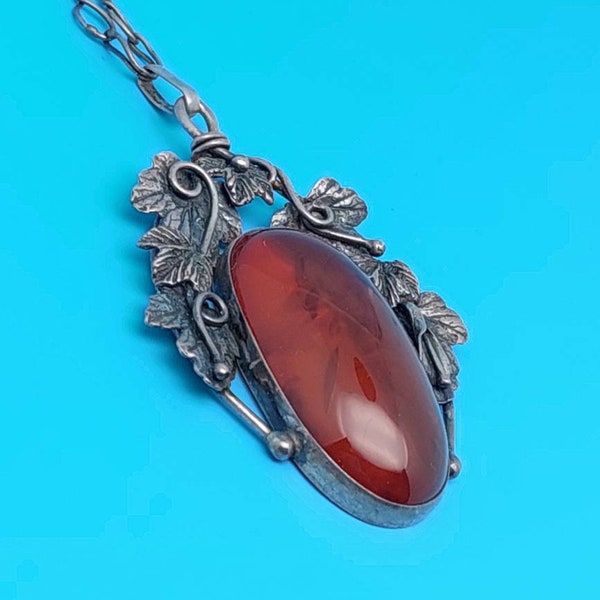 Large antique 925 silver pendant Poland Gdansk pendant with amber amber