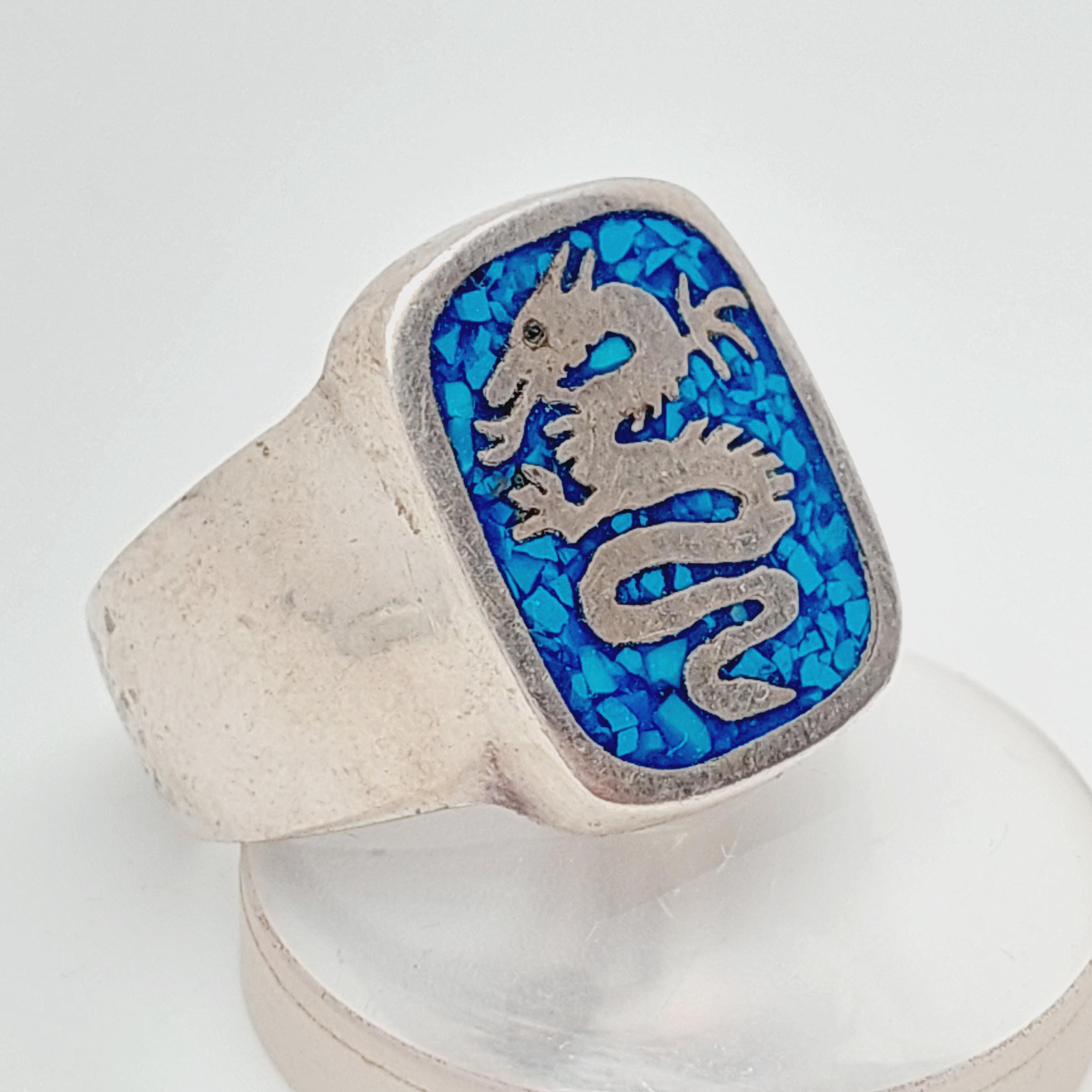 Bague Chevalière Ancienne En Argent Massif - Dragon Gravé - Taille 54 - Style Medieval Ou Fantasy