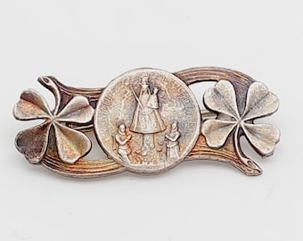 Antique Art Nouveau brooch woman bust flowers France silver plated