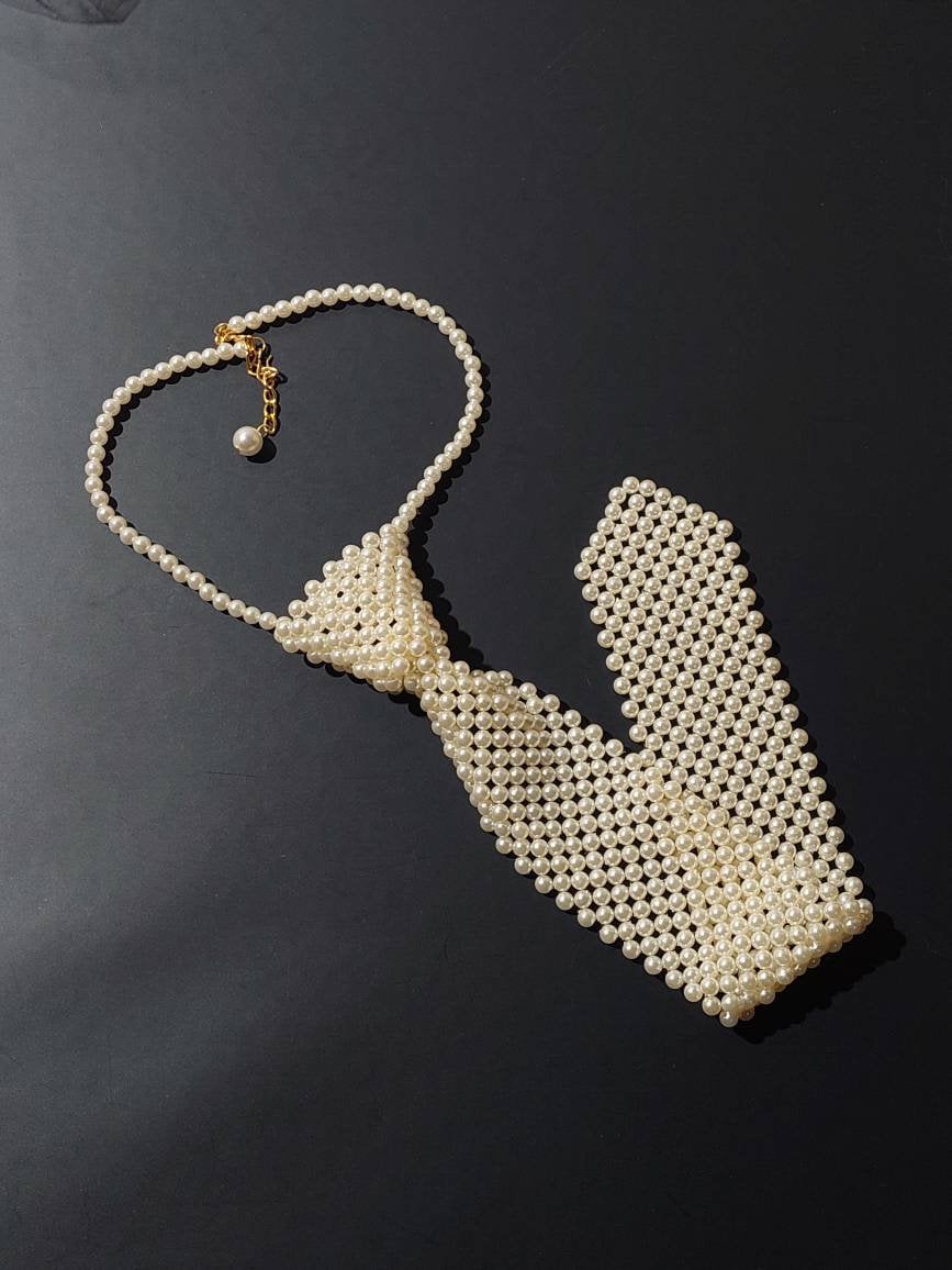 Pearl Beaded Tie, Beadwork Necklace, Tie, Women Necklace, Women Tie, Pearl Jewelry, Pearl Tie Accessories