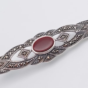 Nostalgic brooch with red stone carnelian 925 silver bar brooch marcasites