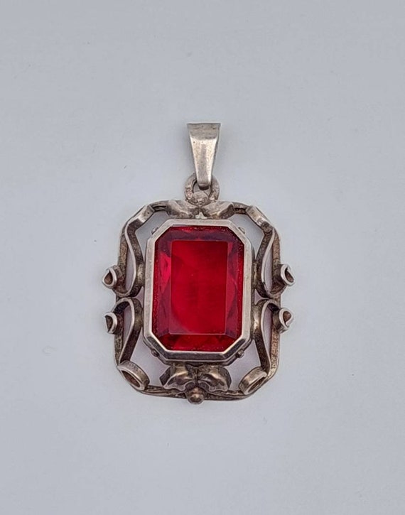 Antique Art Nouveau pendant 835 silver red cut st… - image 3