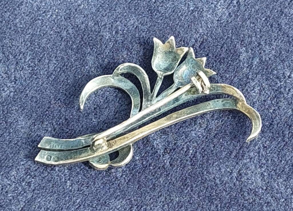Superbe Broche Ancienne En Argent Massif 925, Motif Fleurs Et Feuillages Avec Marcassite, Style Art Déco