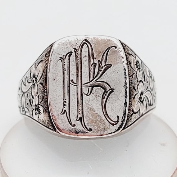 Antique 835 Silver Signet Ring Floral Men's Ring Initials PK