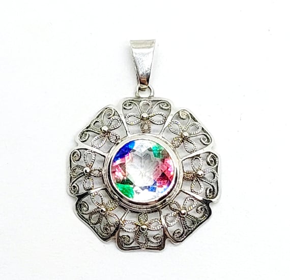 Antiker Silber Anhänger mit geschliffenem Rheinkiesel Blume 835er Silber Filigranschmuck