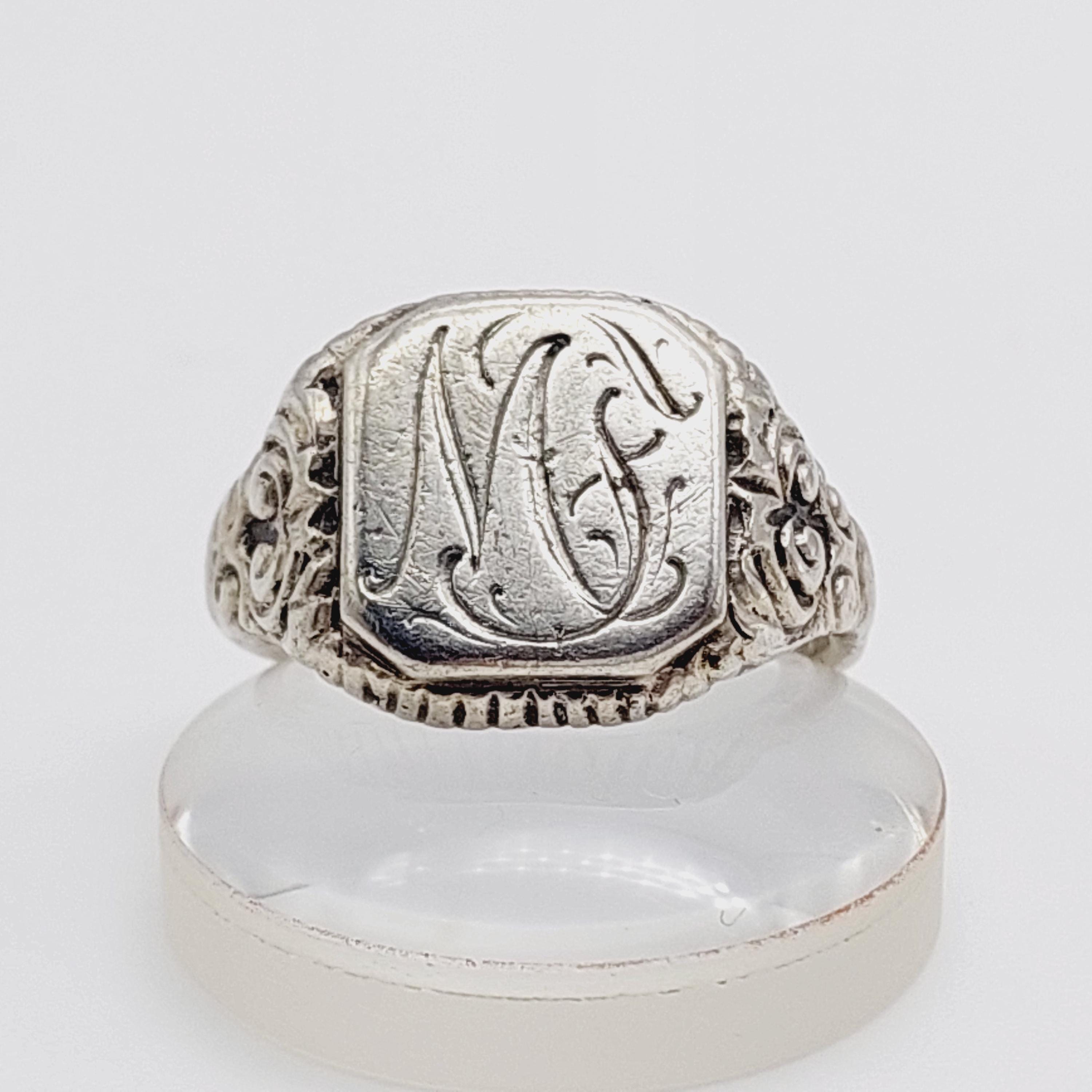 Antique Silver Signet Ring, Men's Ring With Initials MF, Size 23