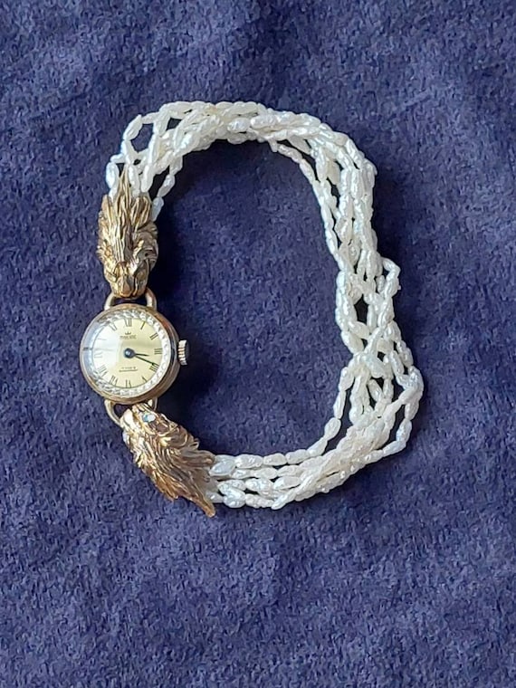 Antike 835er Silber Damen Uhr vergoldet mit Löwenköpfen & Flussperlen