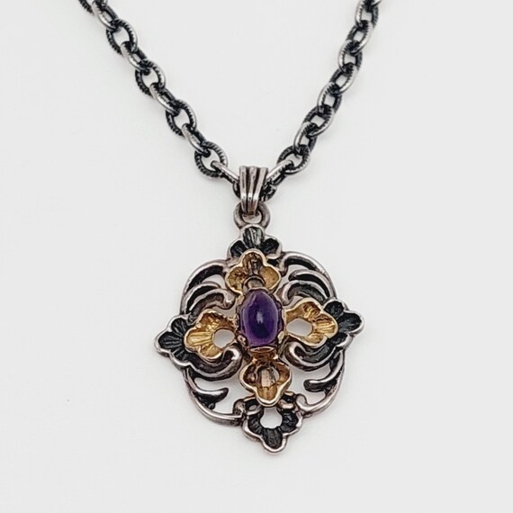 44 cm Antikes 925er Silber Collier Trachtenkette Trachtenschmuck Anhänger mit Lila Stein