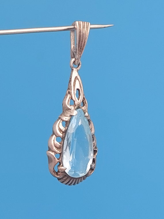Antique silver pendant art deco light blue polish… - image 5