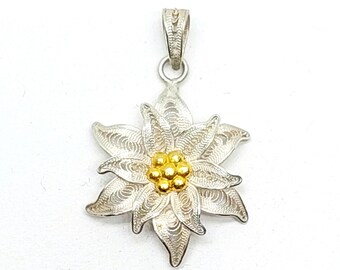 Antique 800 silver Edelweiss flower pendant, silver filigree jewelry necklace pendant
