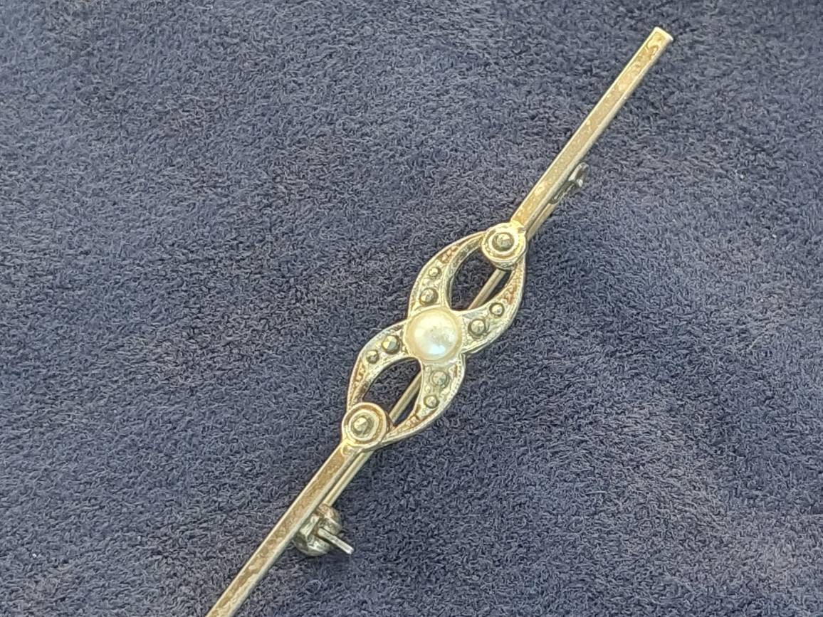 Belle Broche Vintage En Argent Massif 835 - Perles De Culture Et Marcassites - Occasion - Bijou Ancien