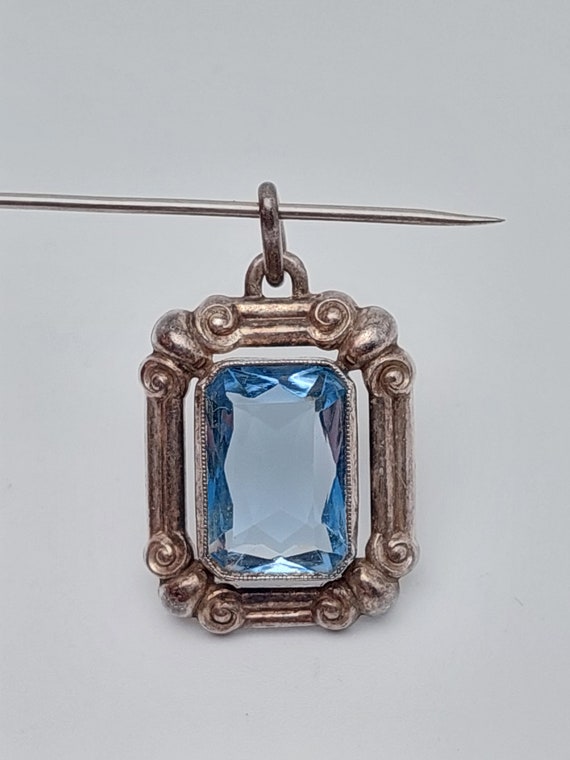 Antique silver pendant art deco with blue stone a… - image 3