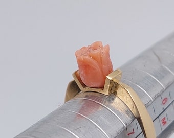 Antique 585 gold Biedermeier ring with coral rose, a gift for her, exclusively for women, yellow gold