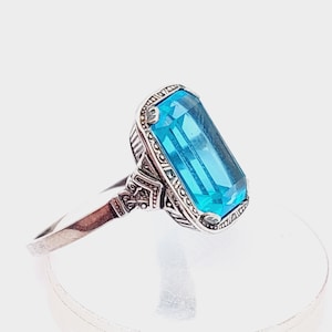 Antique 935 silver Art Nouveau ring with blue stone aquamarine colored size 15 US 7