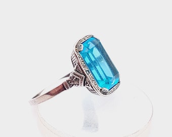 Antique 925 silver Art Nouveau ring with blue stone aquamarine colored size 13 US 6 1/2