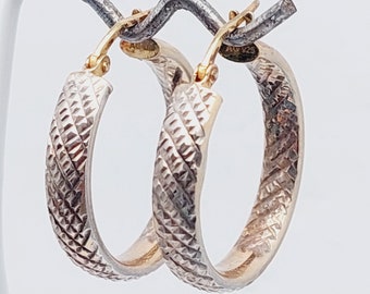 XXL Vintage 925 Silver Hoop Earrings Gold Plated Earrings Sterling Diamond Pattern #108