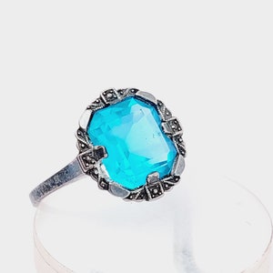 Antique 925 silver Art Deco ring with blue stone aquamarine colored size 13 US 6 1/2
