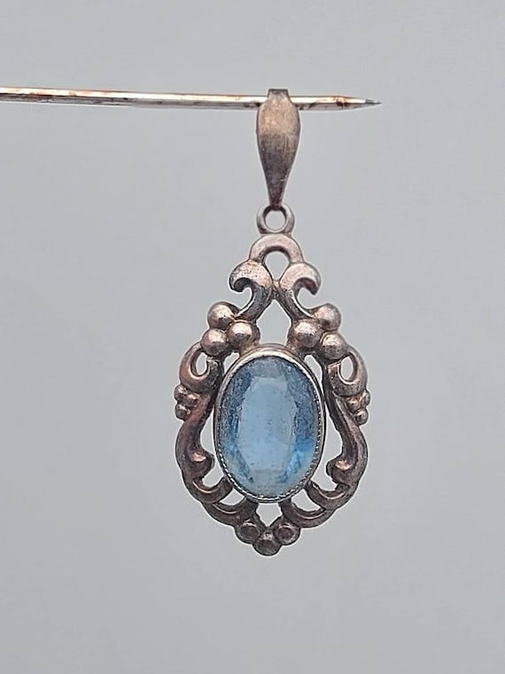 Collier Chaîne Argent Massif 925 Maille Art Nouveau Avec Pierre Bleue - Occasion