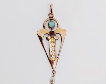 Antique pendant gold double garnet Art Nouveau 1900s vintage ladies jewelry with opal geometric
