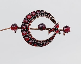 Antique double brooch moon with garnet stones Biedermeier jewelry