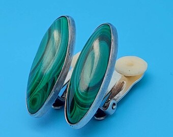 Boucles d'oreilles vintage en argent 925, clips d'oreilles en malachite de Pologne