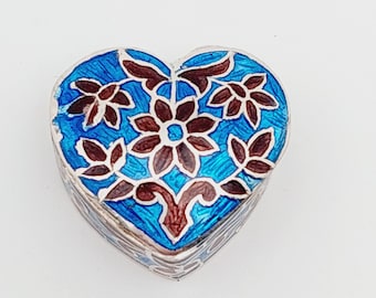 Antique 925 silver heart tin enamel flowers pill box enamel work