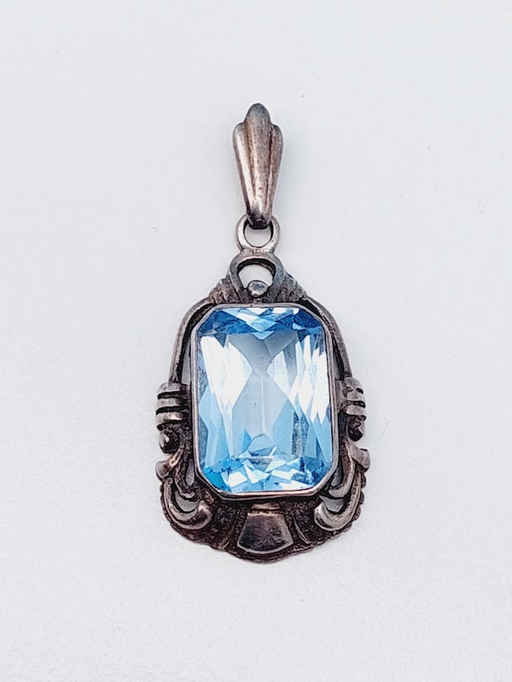Collier Chaîne En Argent Massif 925 Maille Art Nouveau Avec Pierre Bleue - Occasion