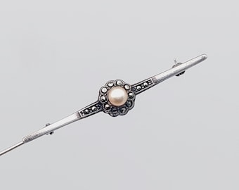 Antique 835 silver brooch bar brooch with pearl & marcasites