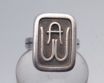 Size 19 59 antique men's signet ring initials AW WA 900 silver Art Nouveau ring