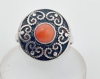 Size 14 Antique 835 silver ring with coral Art Nouveau