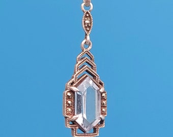 Antique silver pendant art deco light blue cut stone aquamarine color silver pendant marcasites