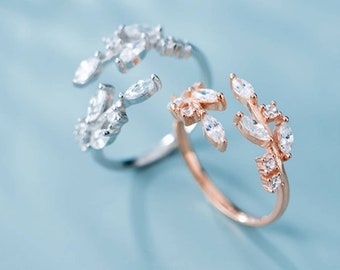 925 Sterling Silver Ring Olive Branch Leaves Zirconia Stones Real Silver Flower Ring with Blossom for Women #TL002 Victorian Style