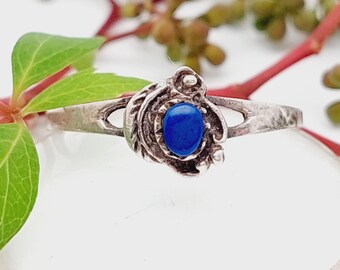 Anillo de lapislázuli en plata 925, talla 60, para mujer, regalo exclusivo, diseño vintage, piedras preciosas, estilo retro, atemporal, estilo Art Déco floral.