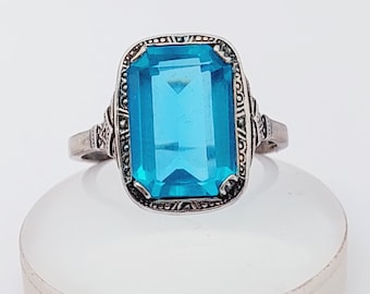 Antique 925 silver Art Nouveau ring with blue stone aquamarine colored size 12 US 6