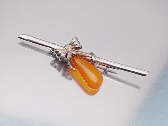 Nostalgic 925 Silver Brooch Bow Amber Art Nouveau
