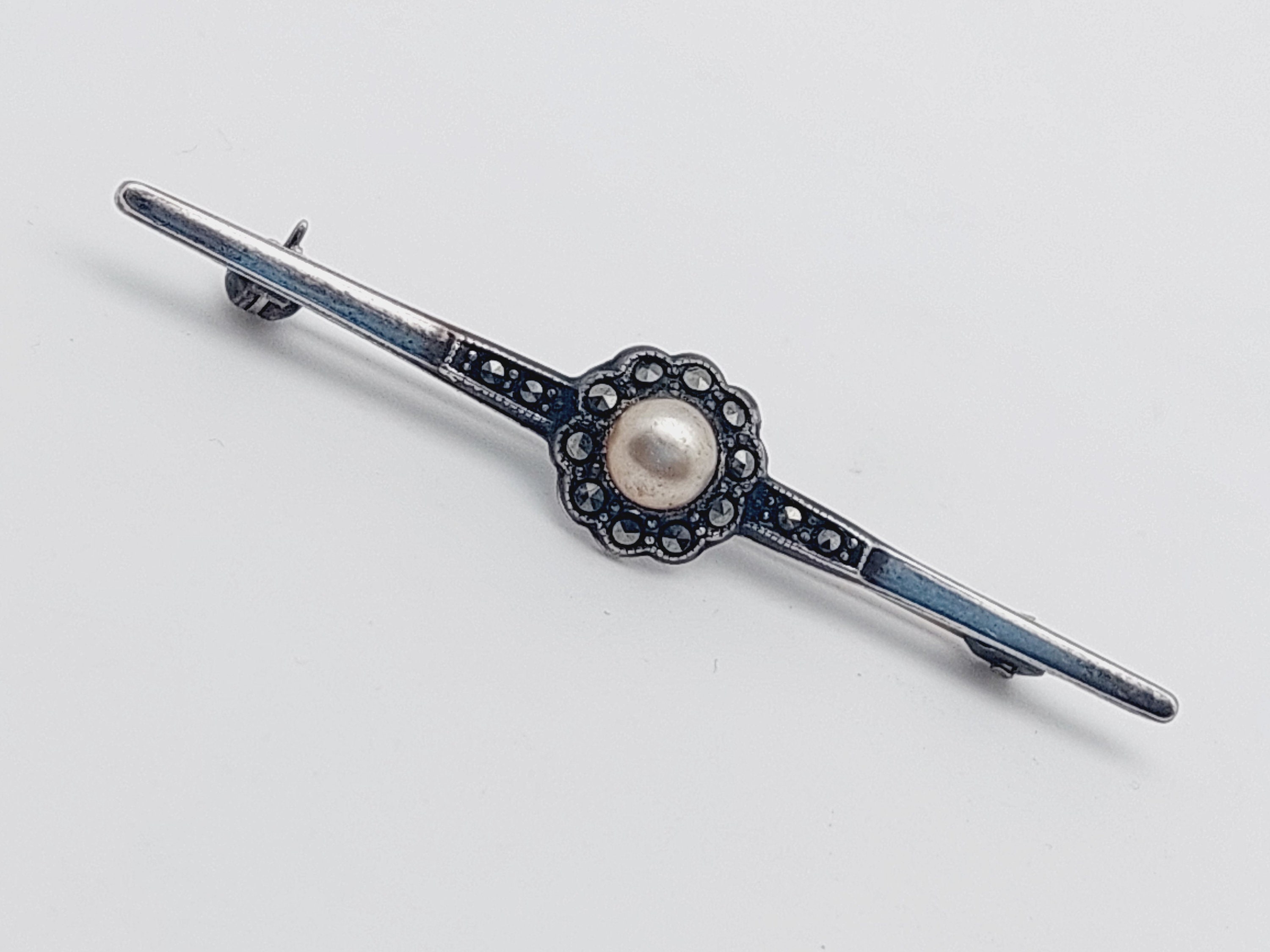 Broche Ancienne En Argent Massif 835 - Perles De Culture Et Marcassites - Vintage - Occasion