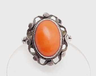 Gr 9 AntikerSilber Ring mit Koralle Jugendstil